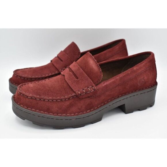 Born Womens Size 7.5 Carrera Suede Burgundy Lugged Sole Penny Loafers Shoes